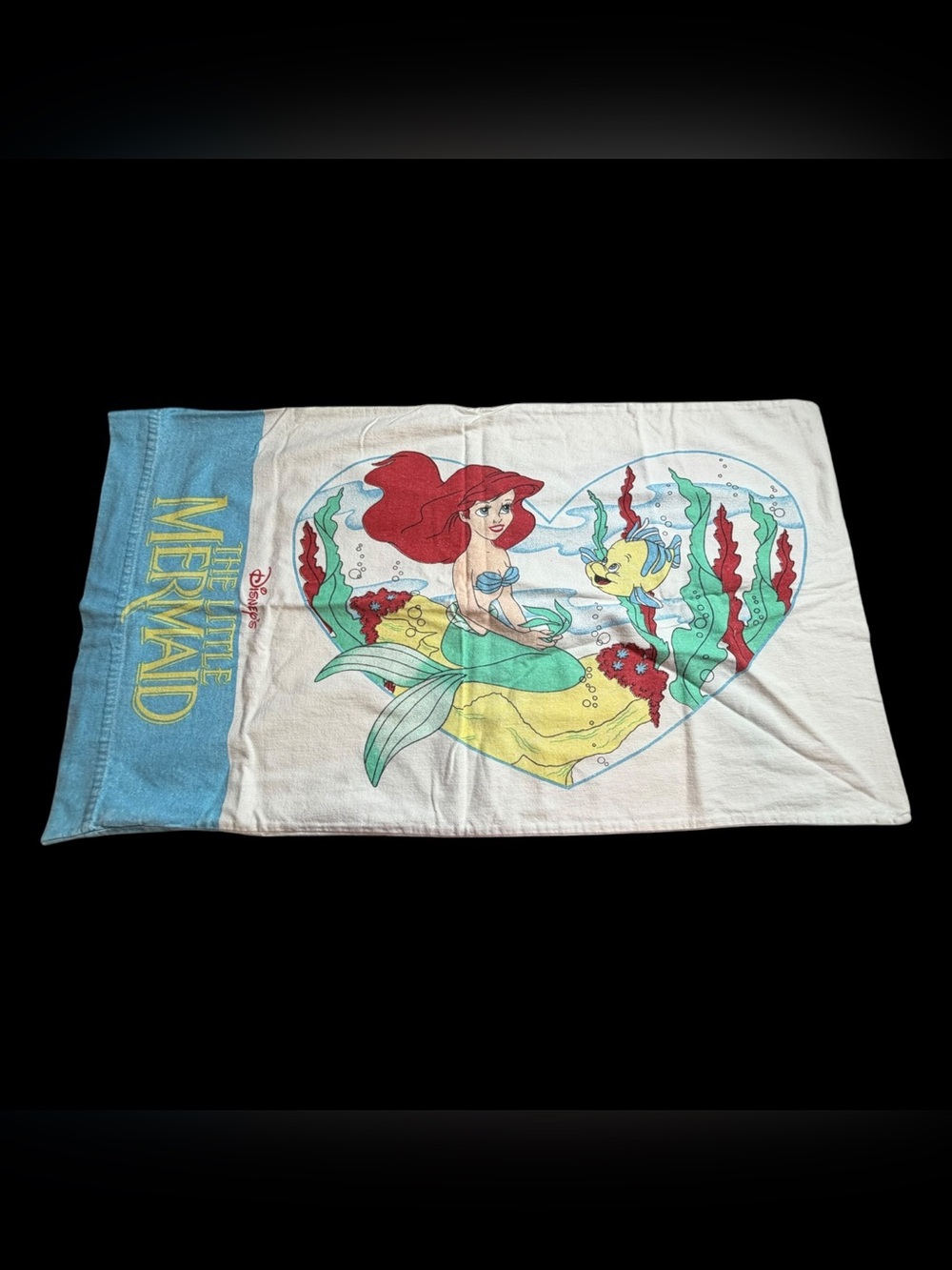 Vtg 1989 Disney The Little Mermaid Pillowcase Ariel Flounder Flannel Standard